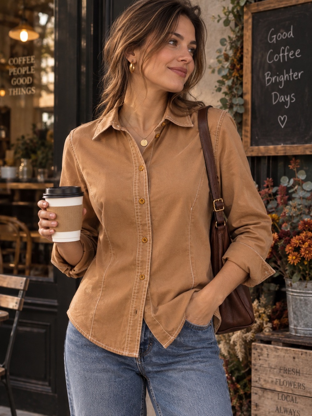 Madewell Fitted Button Down Shirt Women’s 4 Brown Cotton Contrast Stitch